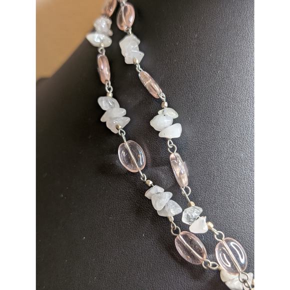Robert Rose Pink Jadeite Quartz Chip Pink Glass Bead Double Strand Necklace - Picture 2 of 8